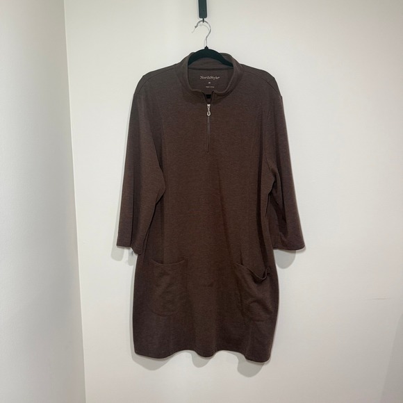NorthStyle Women's 2X Brown Tunic Dress 3/4 Sleeve Half Zip Pockets Plus Size - Picture 1 of 9
